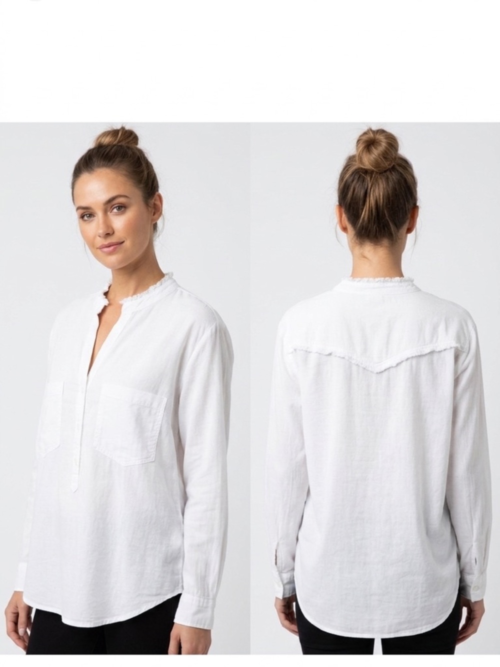 ANTHROPOLOGIE Cloth & Stone Tencel Lyocell White Button Down Shirt w Raw Edge